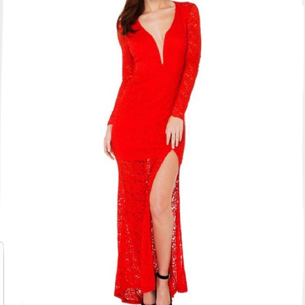 Cherry lace deep-V open back Longsleeve Gown, S